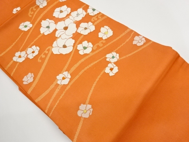 Gauze Nagoya obi with camellia and wavy pattern